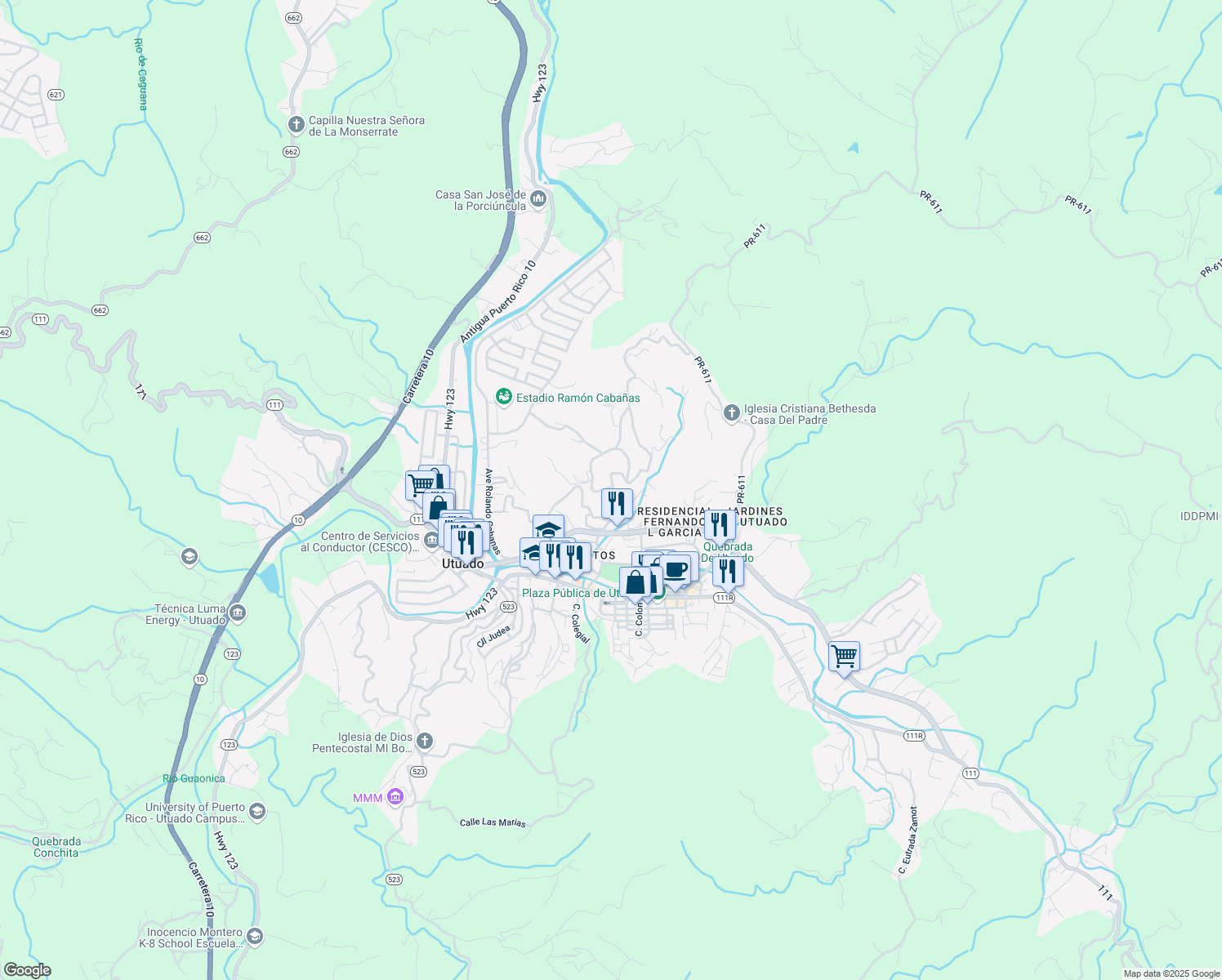 map of restaurants, bars, coffee shops, grocery stores, and more near Avenida Mayor Fernando L. Ribas Dominicci in Utuado