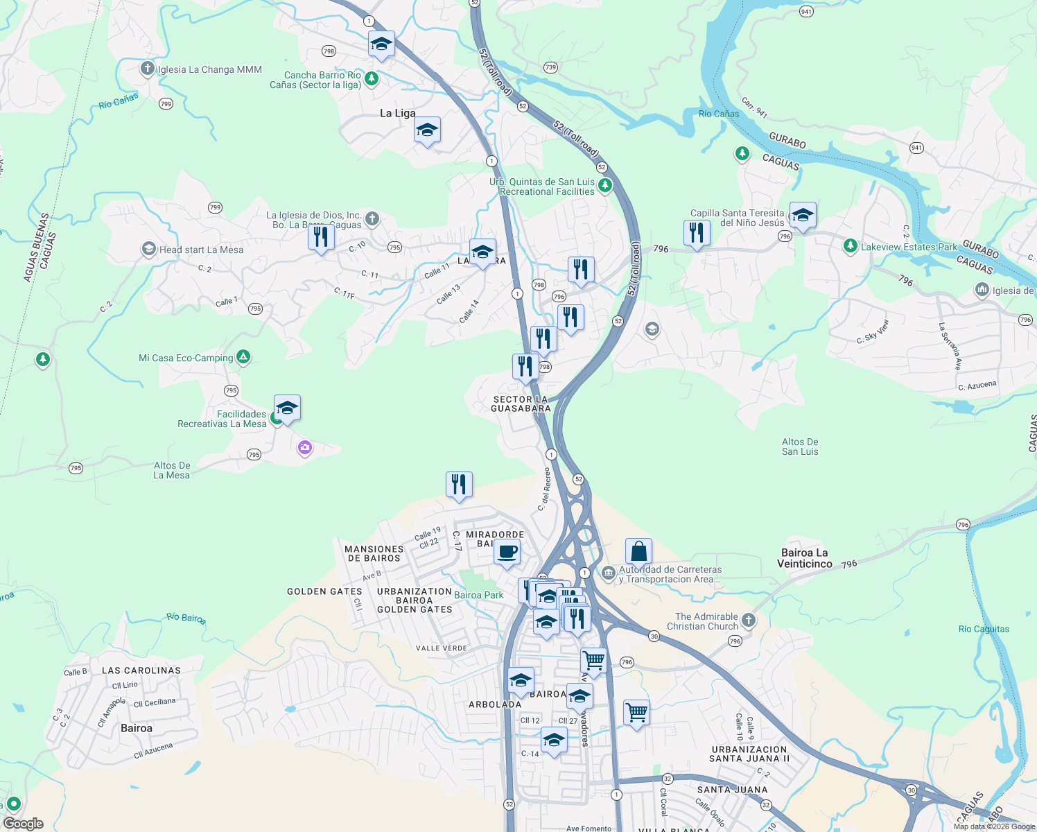 map of restaurants, bars, coffee shops, grocery stores, and more near in Caguas