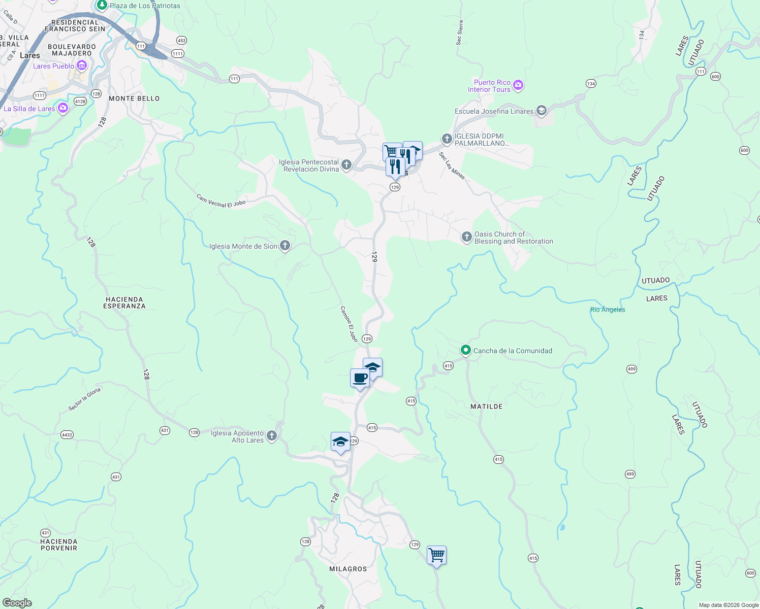 map of restaurants, bars, coffee shops, grocery stores, and more near in Lares