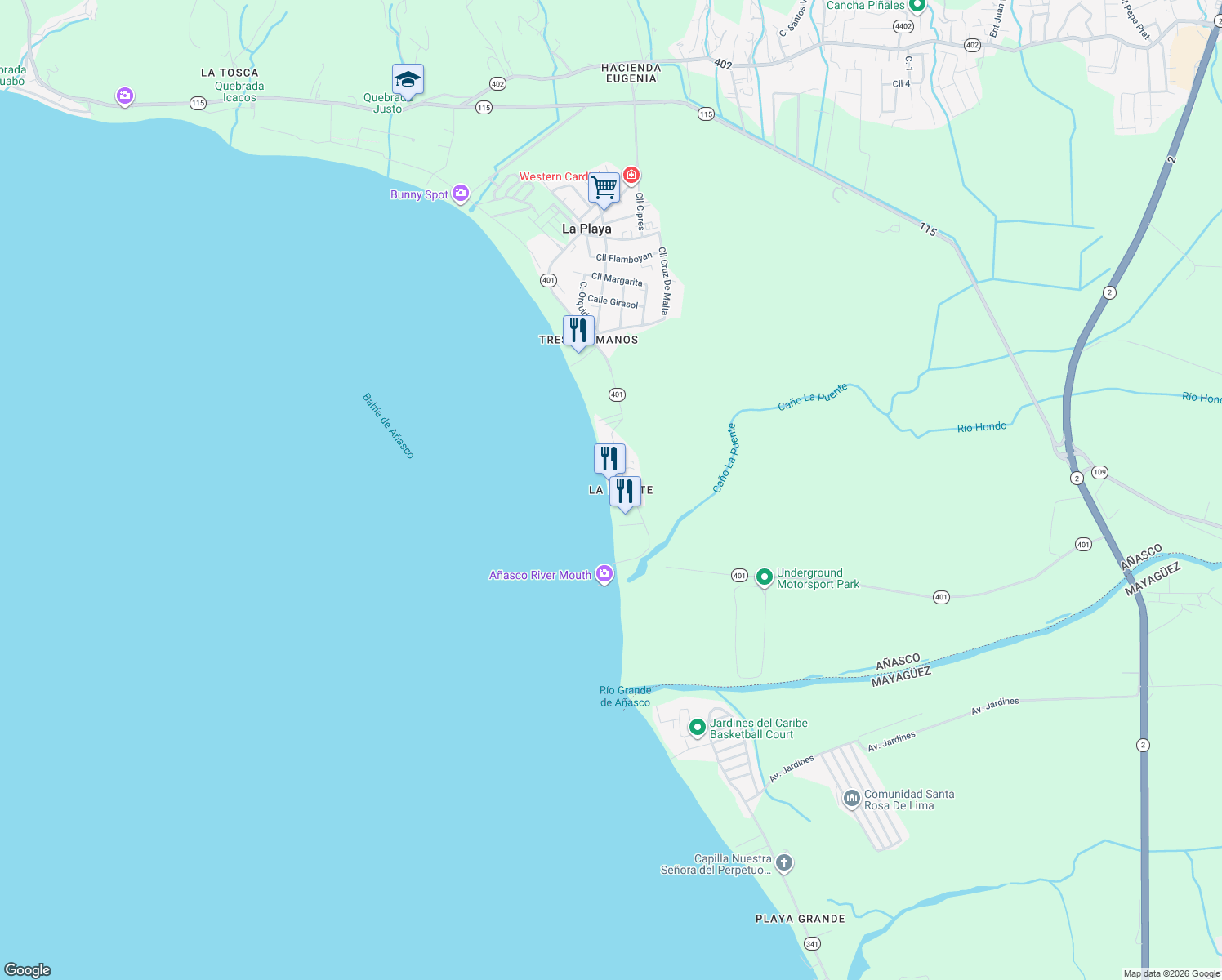 map of restaurants, bars, coffee shops, grocery stores, and more near Highway 401 in Añasco