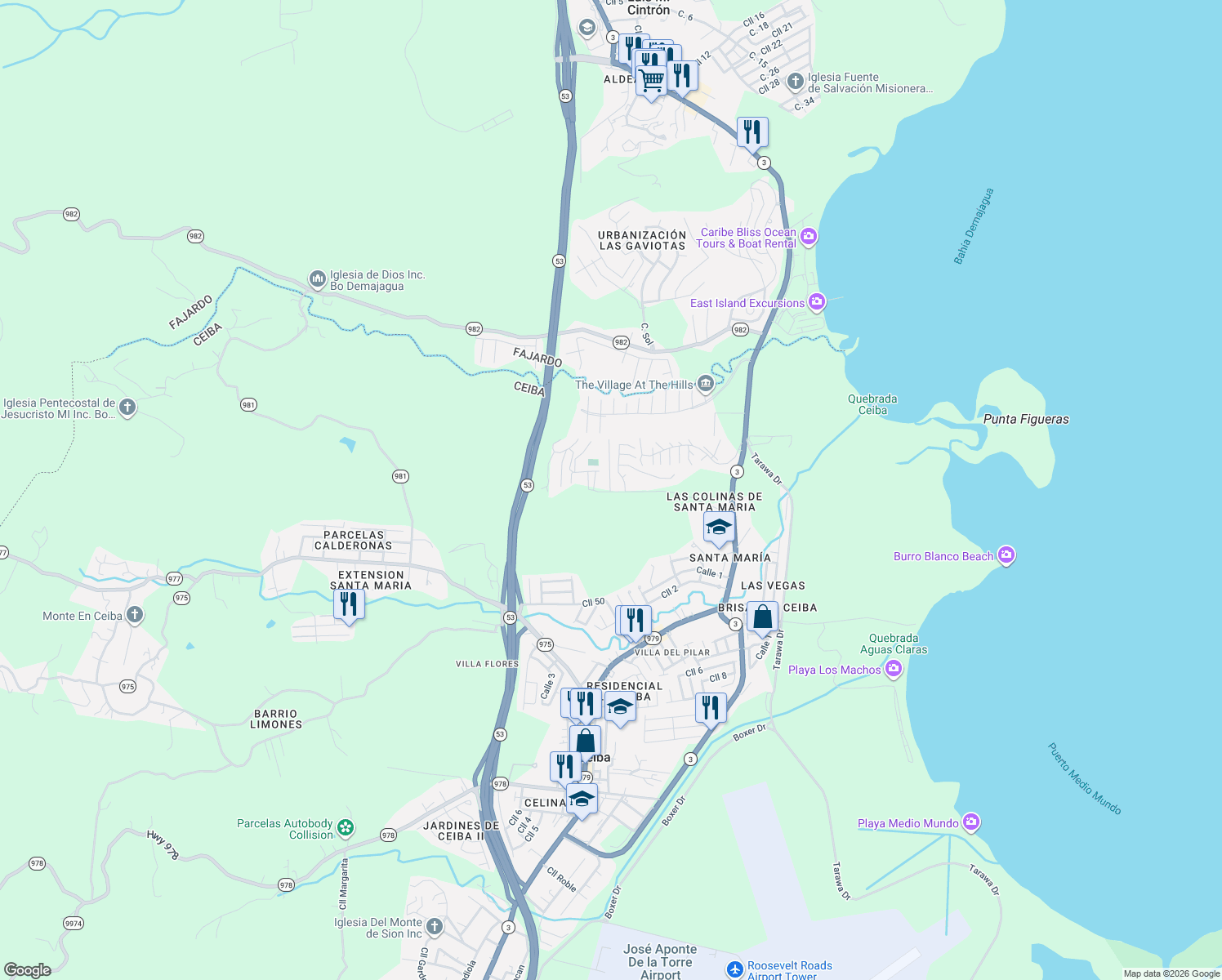 map of restaurants, bars, coffee shops, grocery stores, and more near in Ceiba
