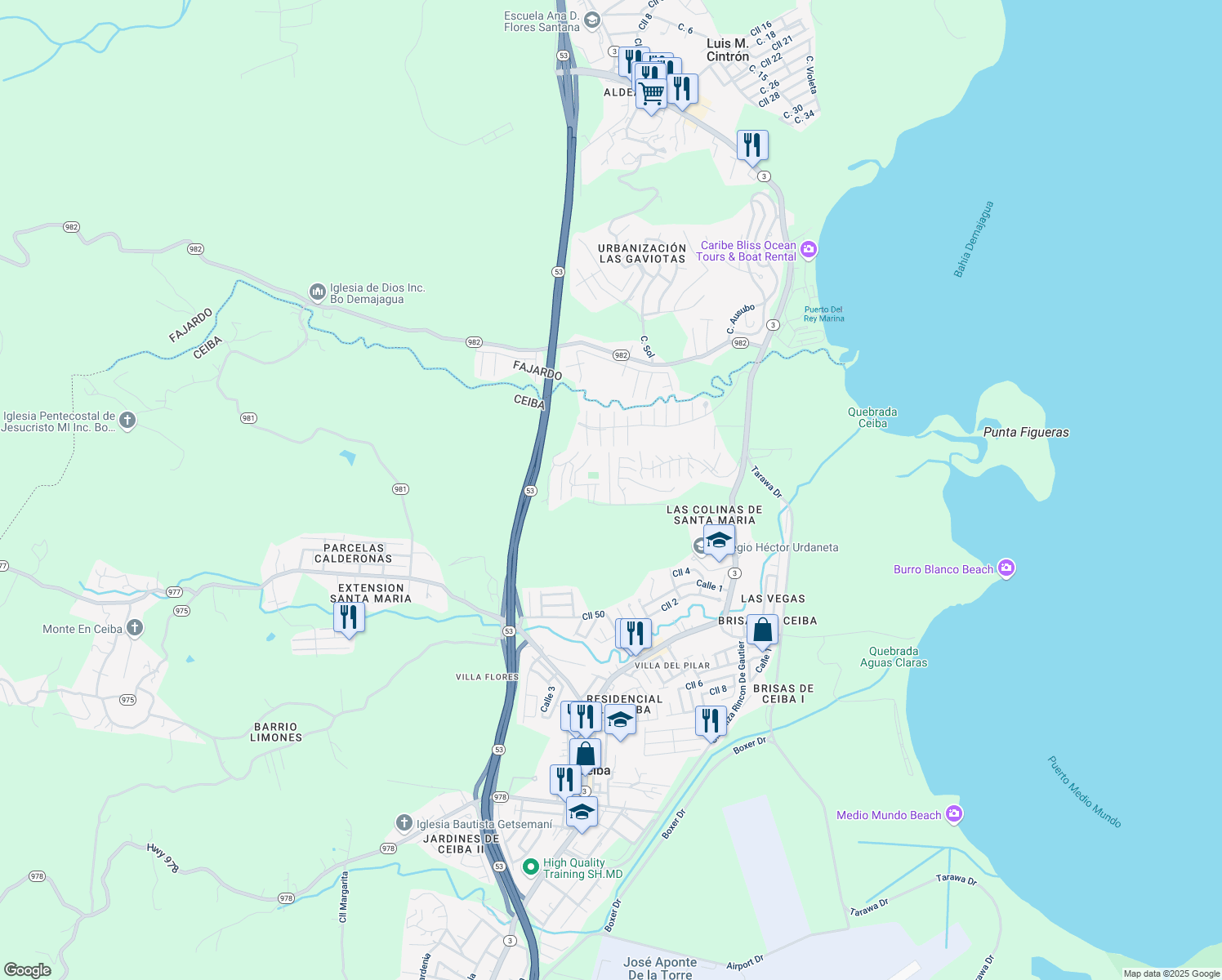 map of restaurants, bars, coffee shops, grocery stores, and more near in Ceiba