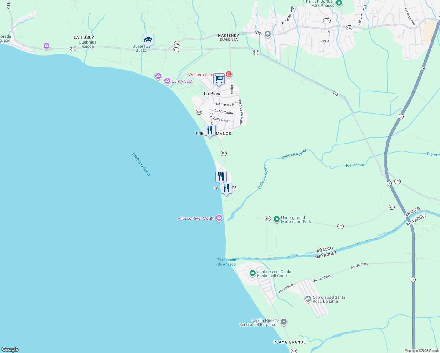 map of restaurants, bars, coffee shops, grocery stores, and more near Reparto Playa in Añasco