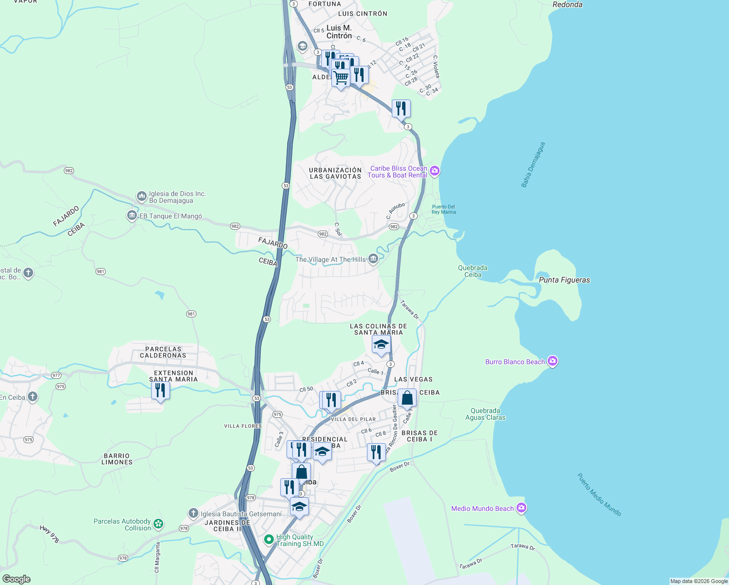 map of restaurants, bars, coffee shops, grocery stores, and more near Calle Sandy Cay in Ceiba