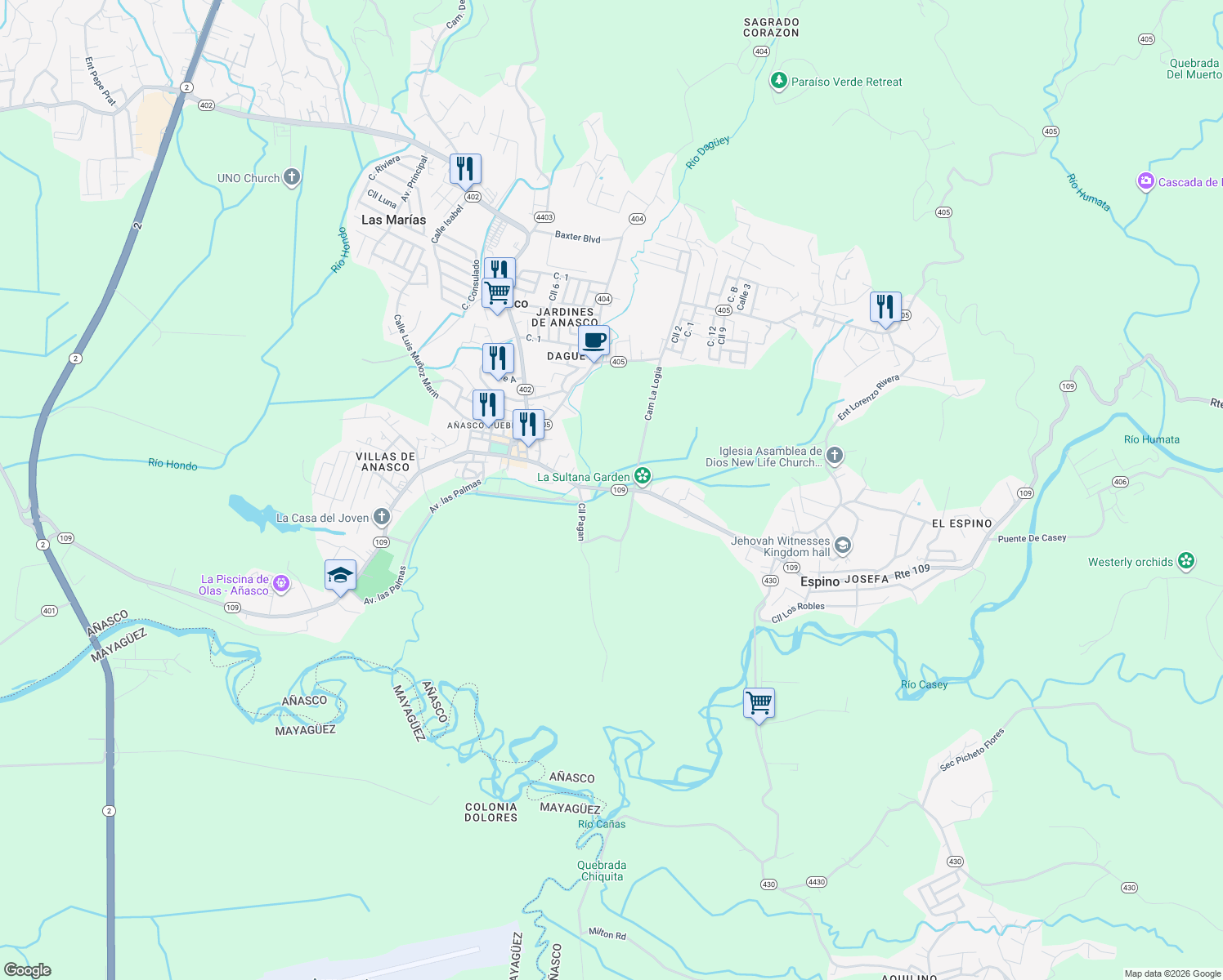 map of restaurants, bars, coffee shops, grocery stores, and more near Calle 65 De Infanteria in Añasco