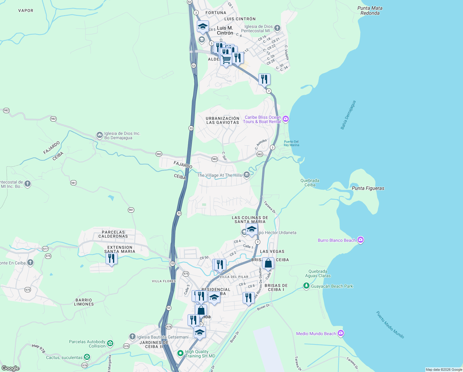 map of restaurants, bars, coffee shops, grocery stores, and more near Avenida del Mar in Machos
