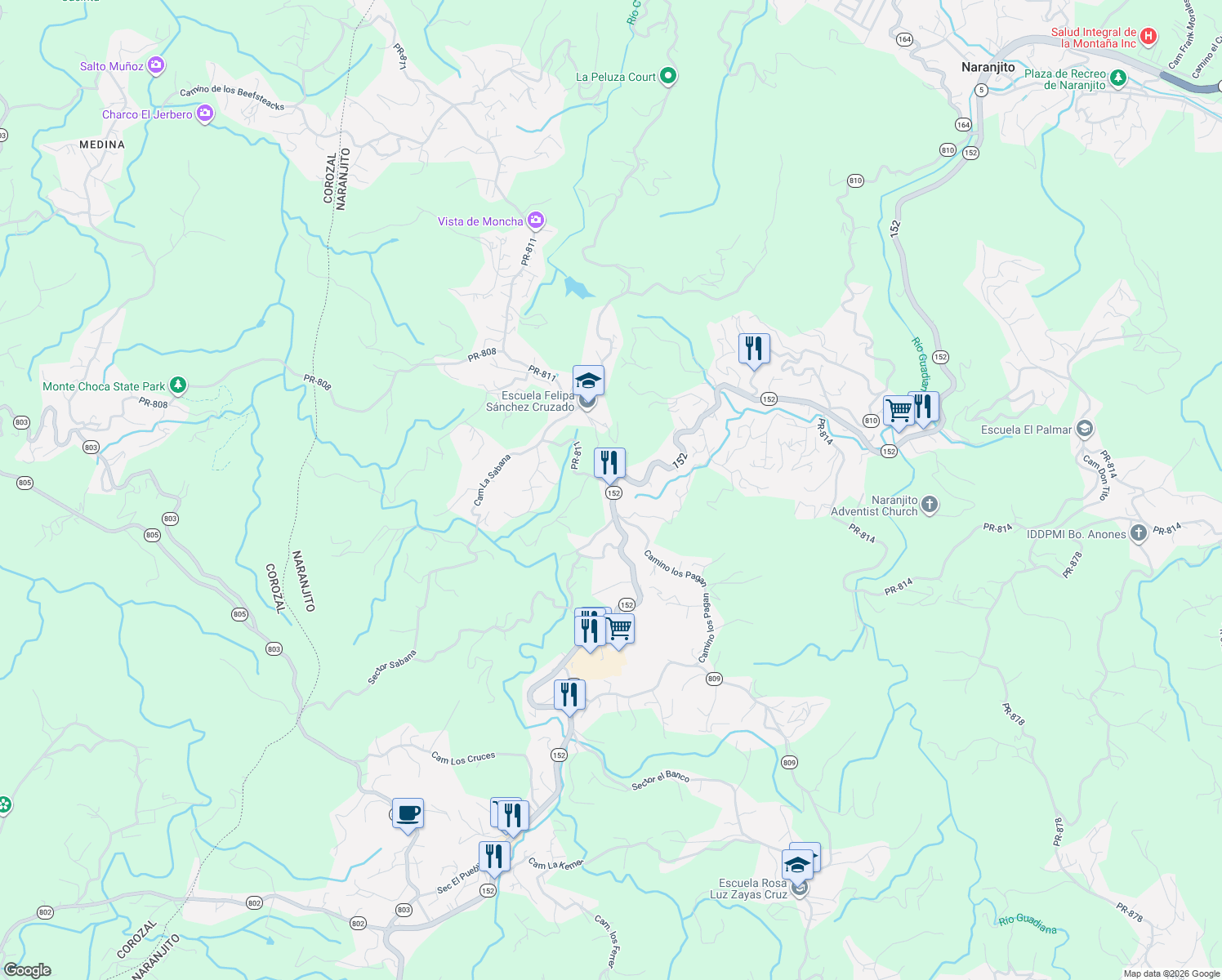 map of restaurants, bars, coffee shops, grocery stores, and more near State Route 152 in Naranjito