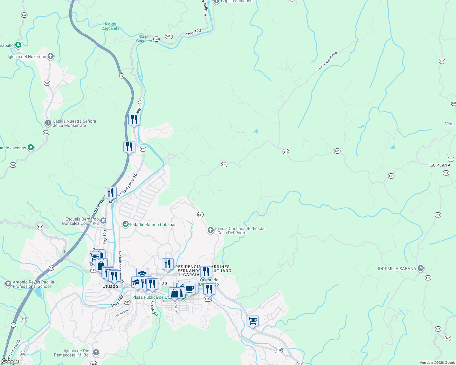 map of restaurants, bars, coffee shops, grocery stores, and more near in Utuado