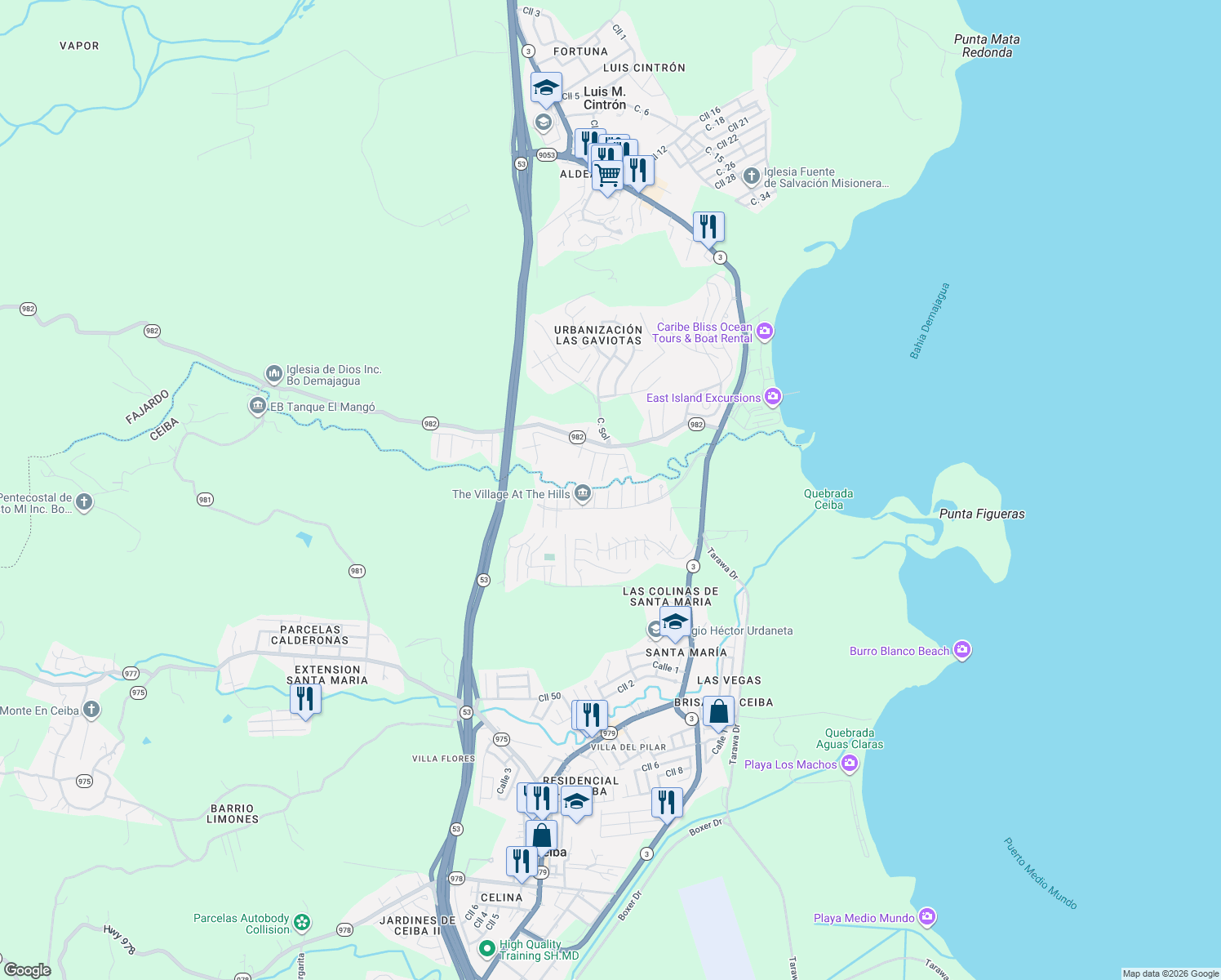 map of restaurants, bars, coffee shops, grocery stores, and more near Calle Flamenco in Machos