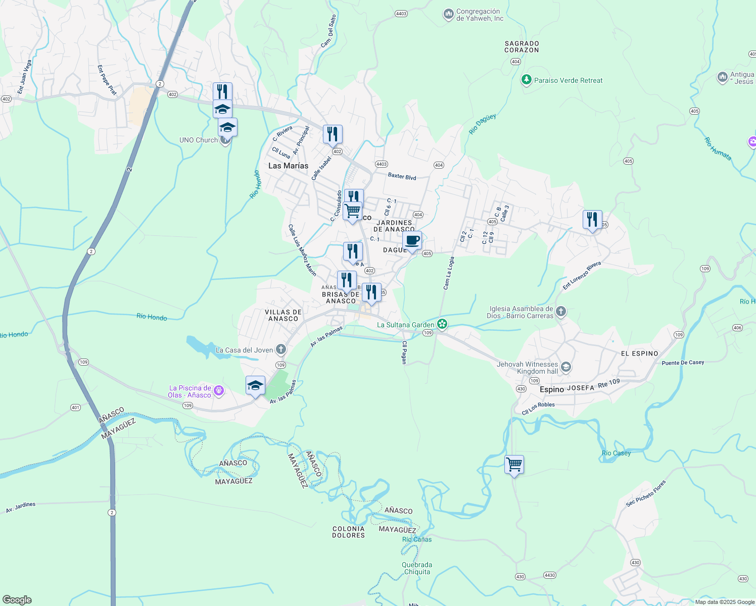 map of restaurants, bars, coffee shops, grocery stores, and more near Calle María Monagas in Añasco