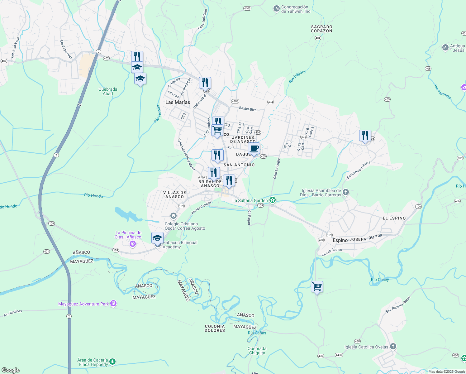 map of restaurants, bars, coffee shops, grocery stores, and more near Calle María Monagas in Añasco