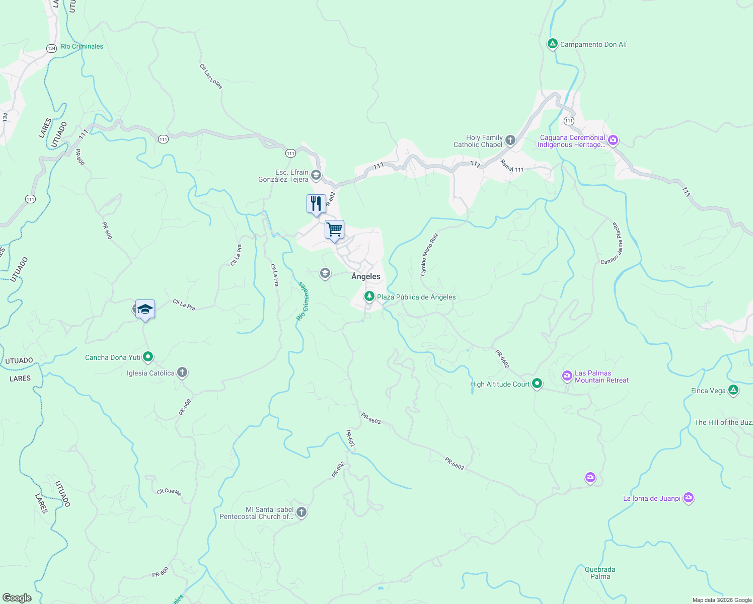 map of restaurants, bars, coffee shops, grocery stores, and more near Calle Pragmacio Cordero in Utuado