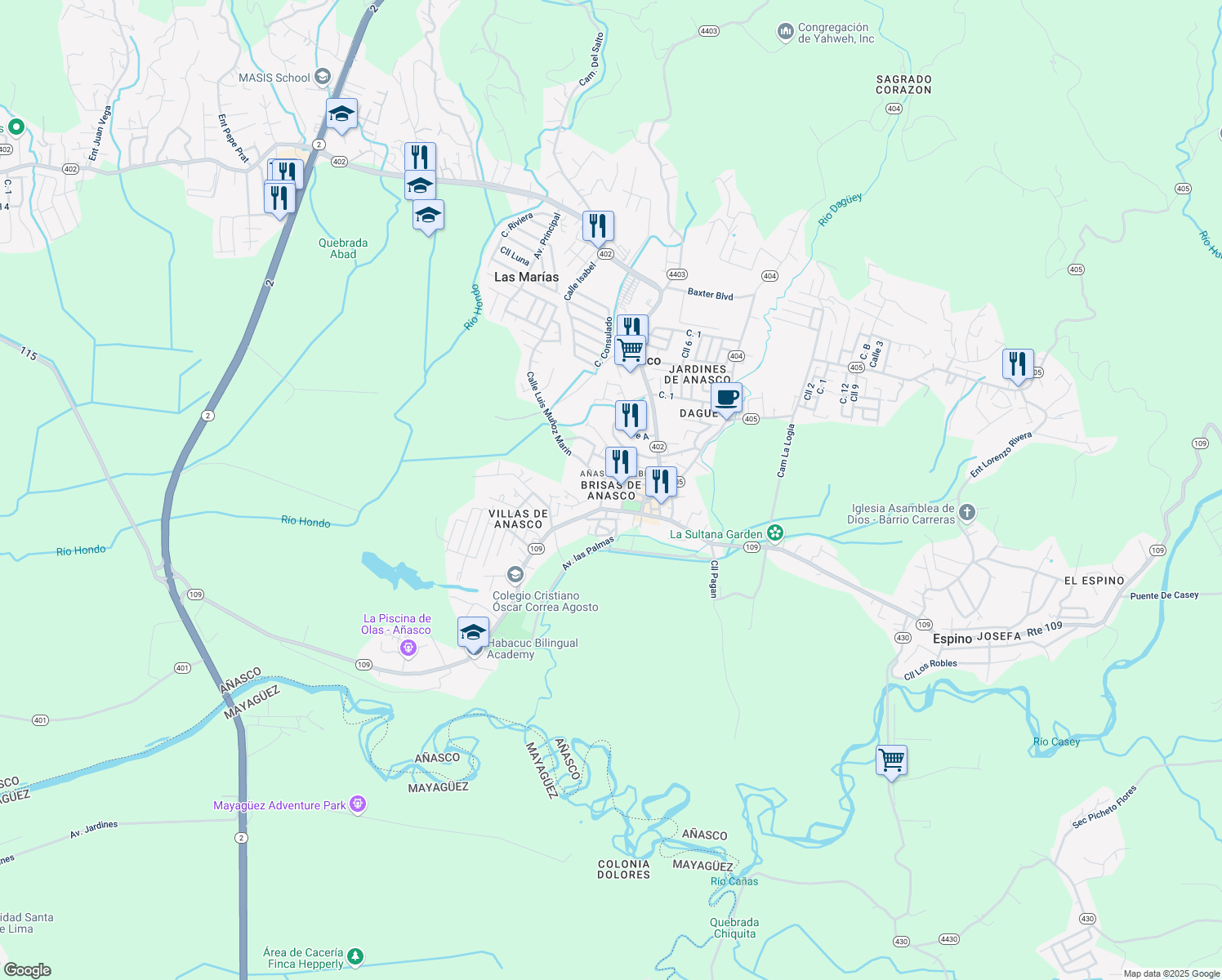 map of restaurants, bars, coffee shops, grocery stores, and more near in Anasco