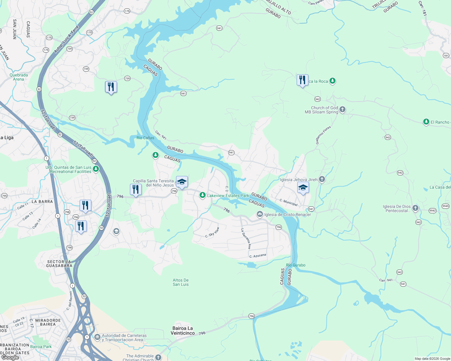 map of restaurants, bars, coffee shops, grocery stores, and more near Calle 3 in Caguas