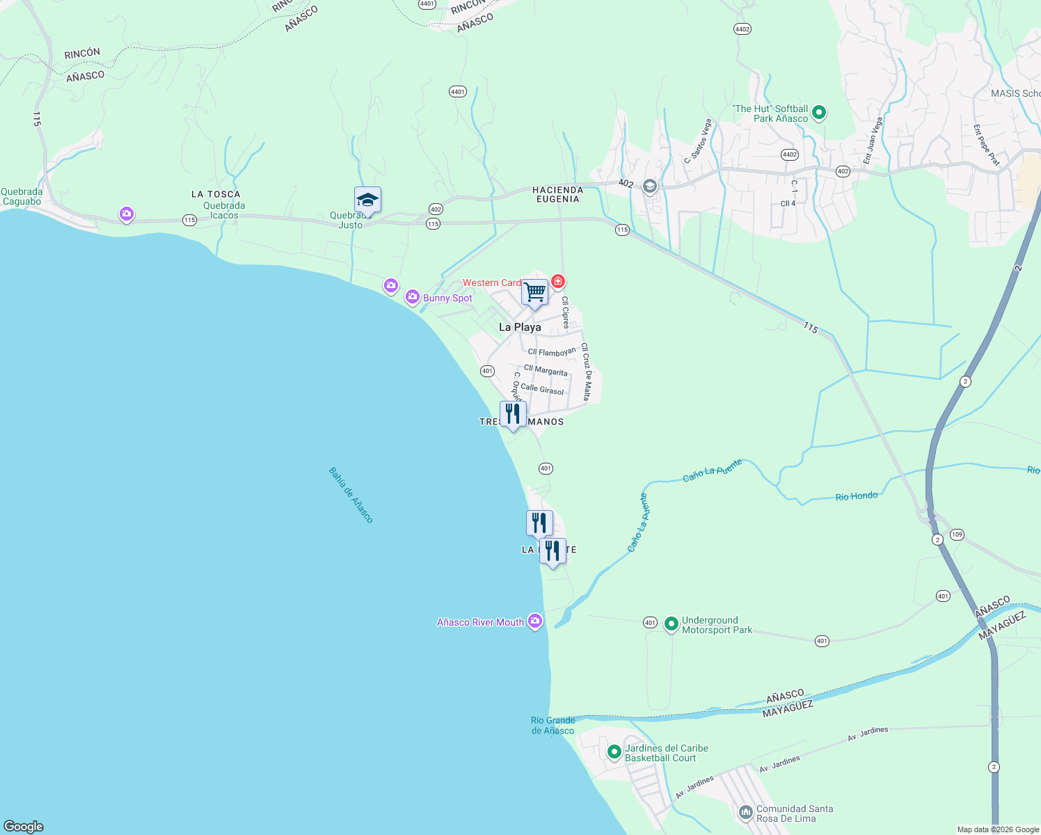 map of restaurants, bars, coffee shops, grocery stores, and more near Highway 401 in Añasco