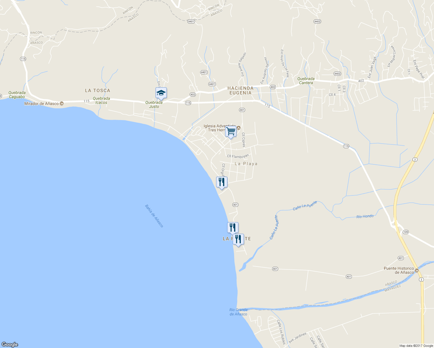 map of restaurants, bars, coffee shops, grocery stores, and more near Reparto Playa in Añasco