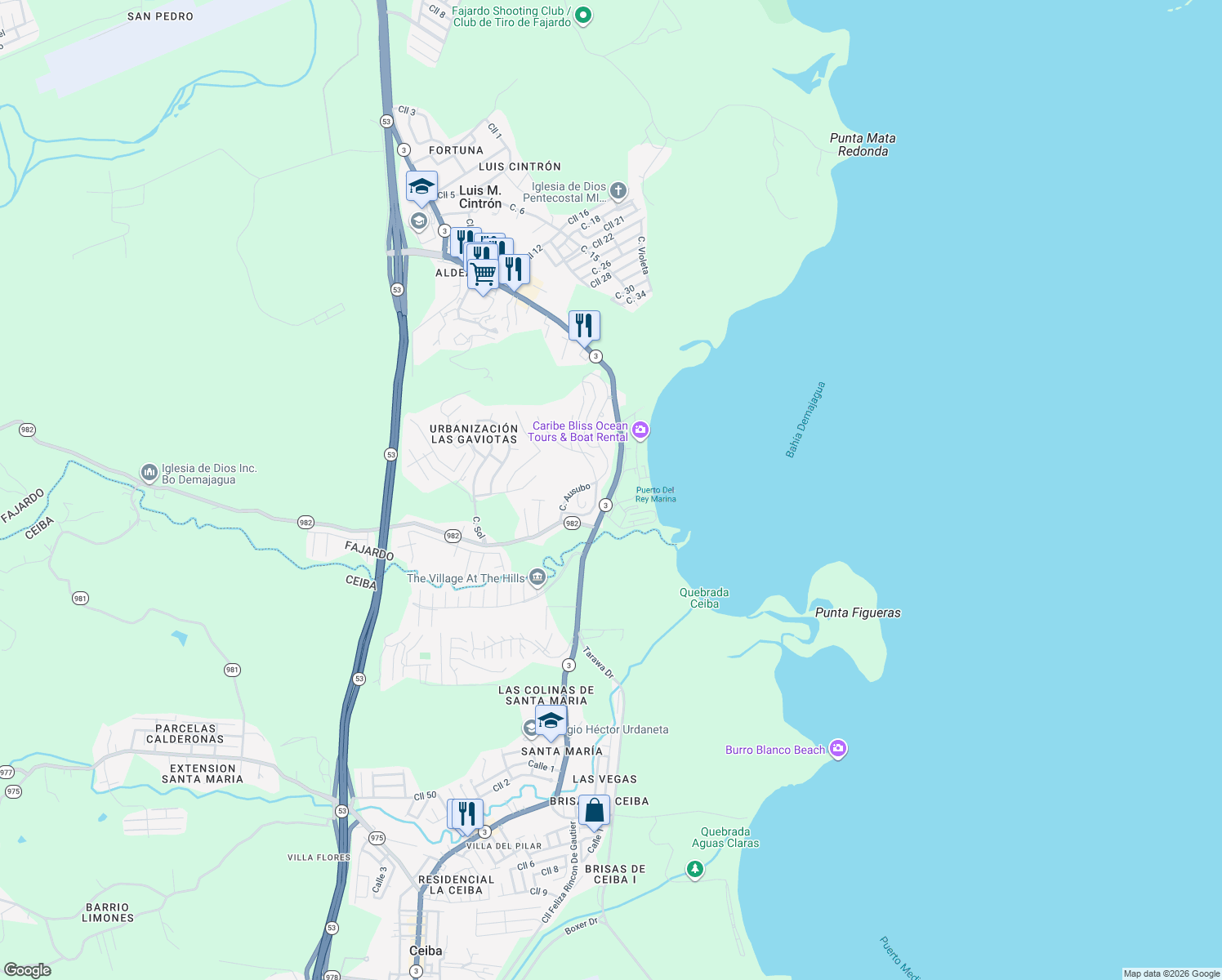 map of restaurants, bars, coffee shops, grocery stores, and more near Calle Nogal in Ceiba