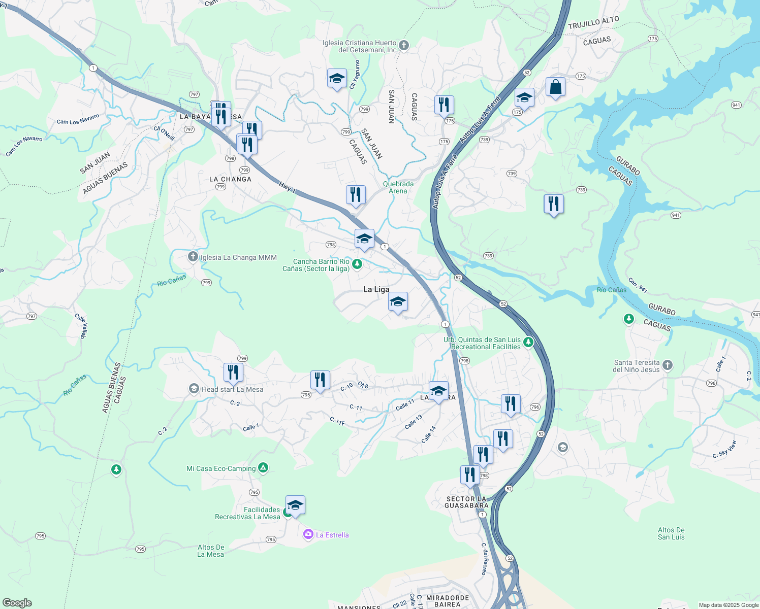map of restaurants, bars, coffee shops, grocery stores, and more near Calle San Ignacio in Caguas