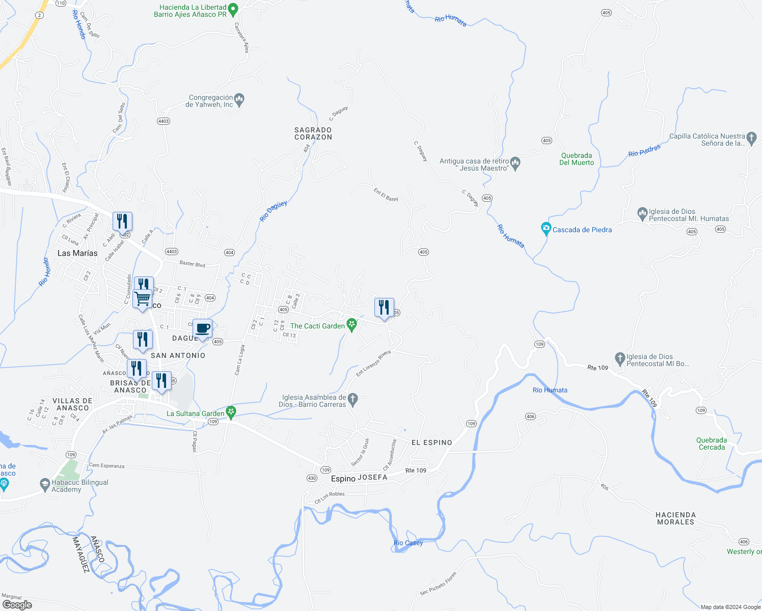 map of restaurants, bars, coffee shops, grocery stores, and more near Carr Humata in Añasco