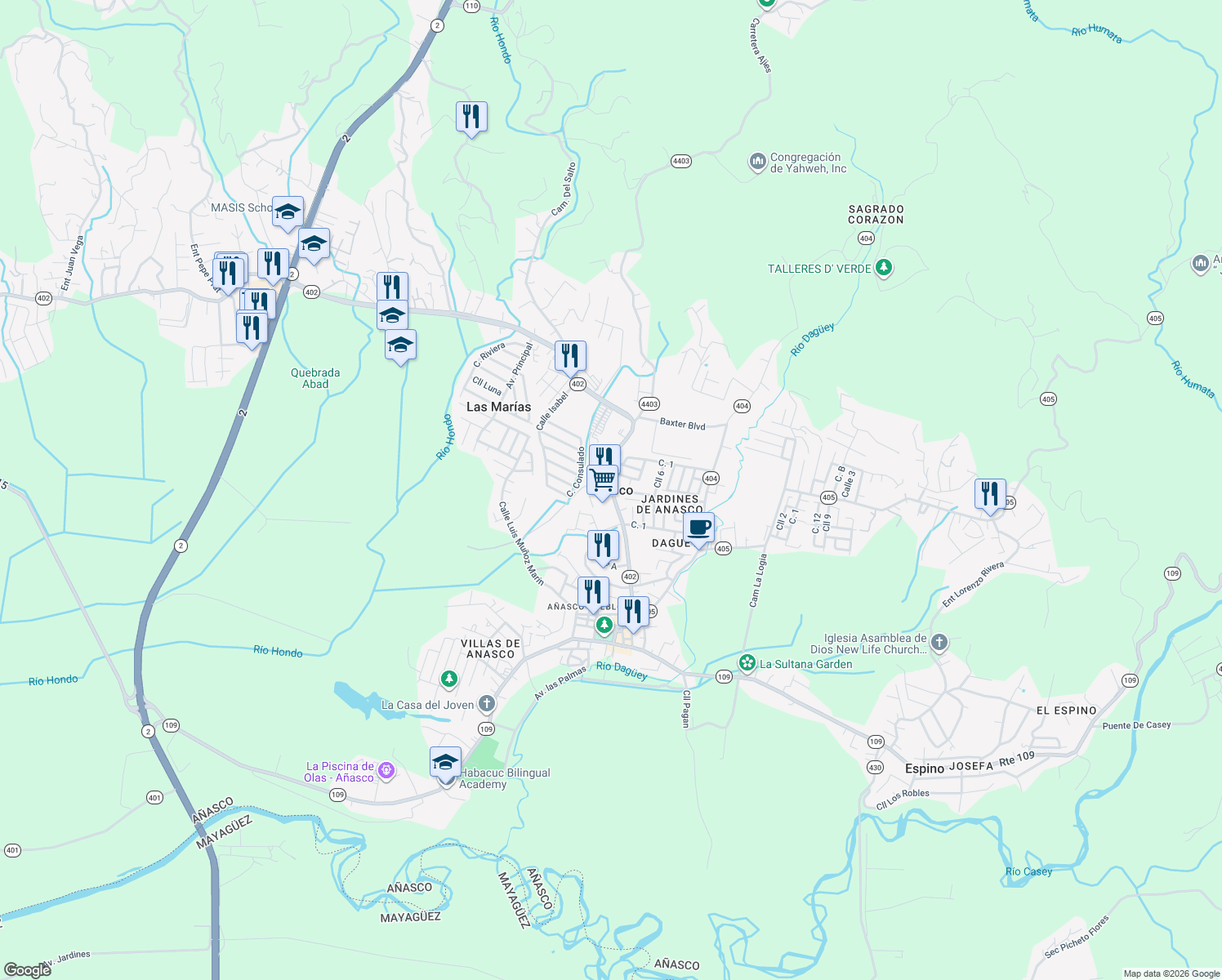 map of restaurants, bars, coffee shops, grocery stores, and more near in Añasco