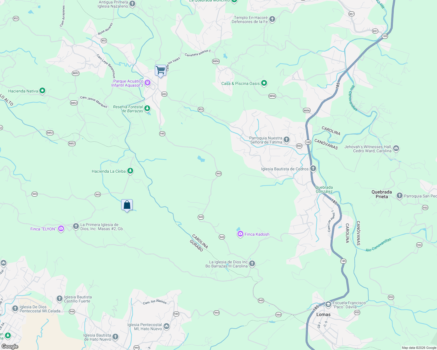 map of restaurants, bars, coffee shops, grocery stores, and more near Puerto Rico 945 in Trujillo Alto