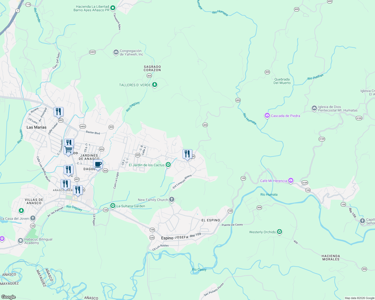 map of restaurants, bars, coffee shops, grocery stores, and more near Carr Humata in Añasco