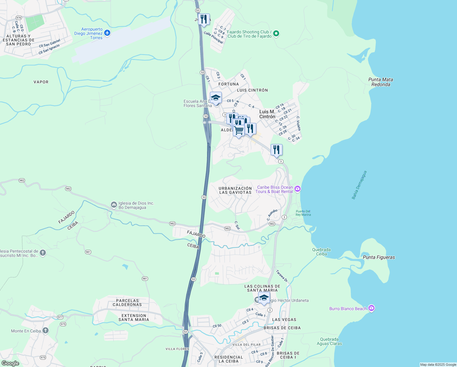 map of restaurants, bars, coffee shops, grocery stores, and more near in Demajagua