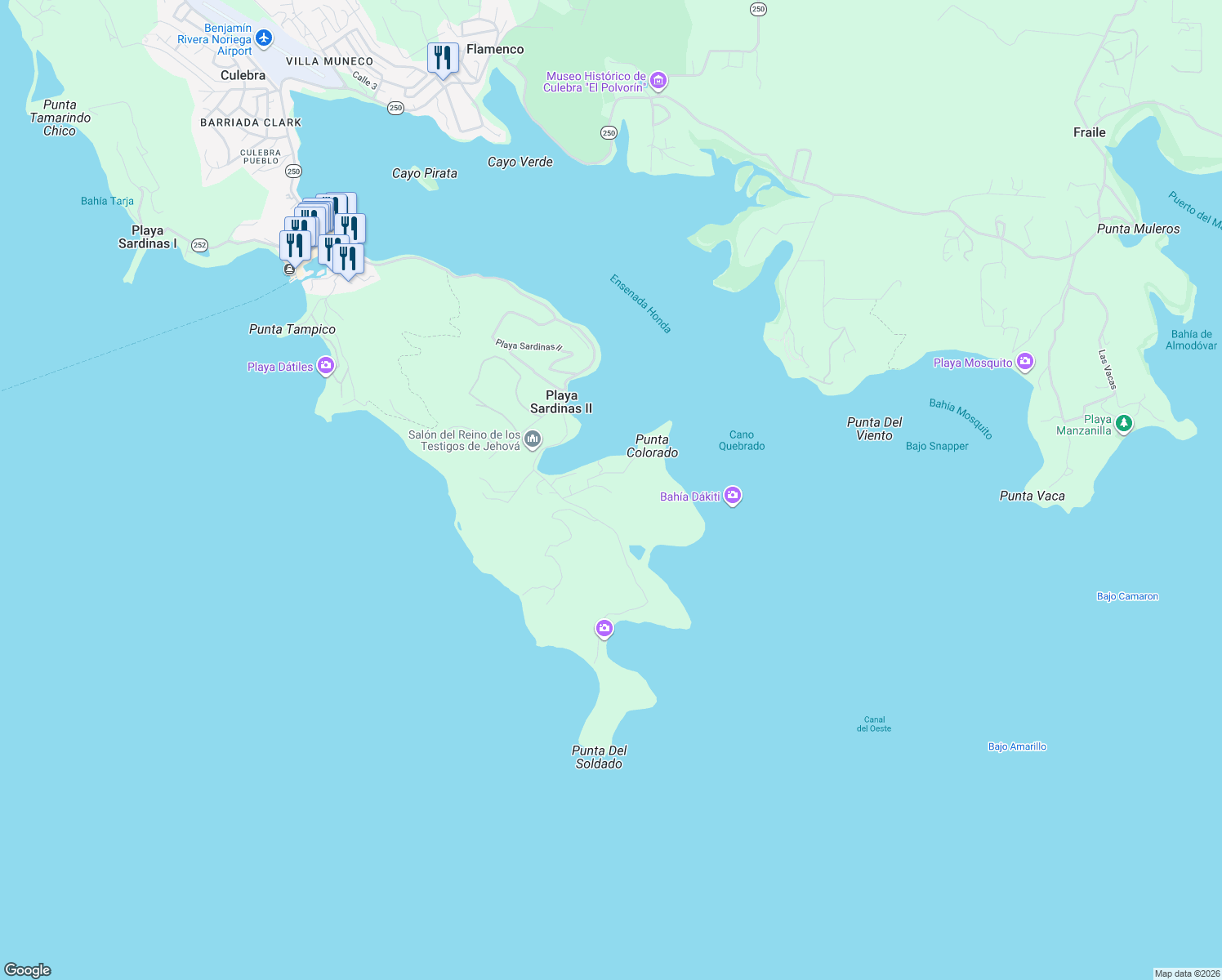 map of restaurants, bars, coffee shops, grocery stores, and more near in Culebra