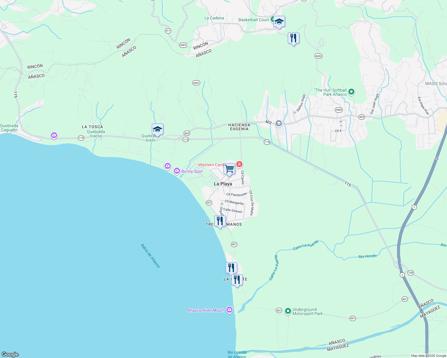 map of restaurants, bars, coffee shops, grocery stores, and more near Highway 401 in Añasco