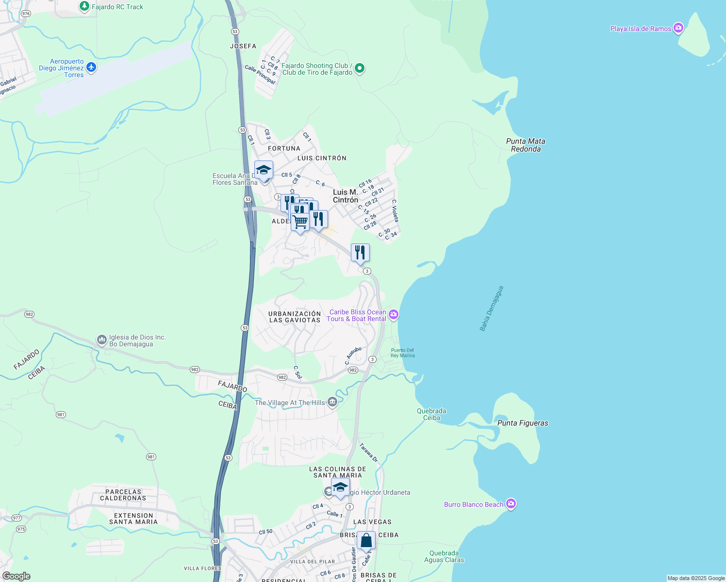map of restaurants, bars, coffee shops, grocery stores, and more near c45 Calle Las Flores in Fajardo