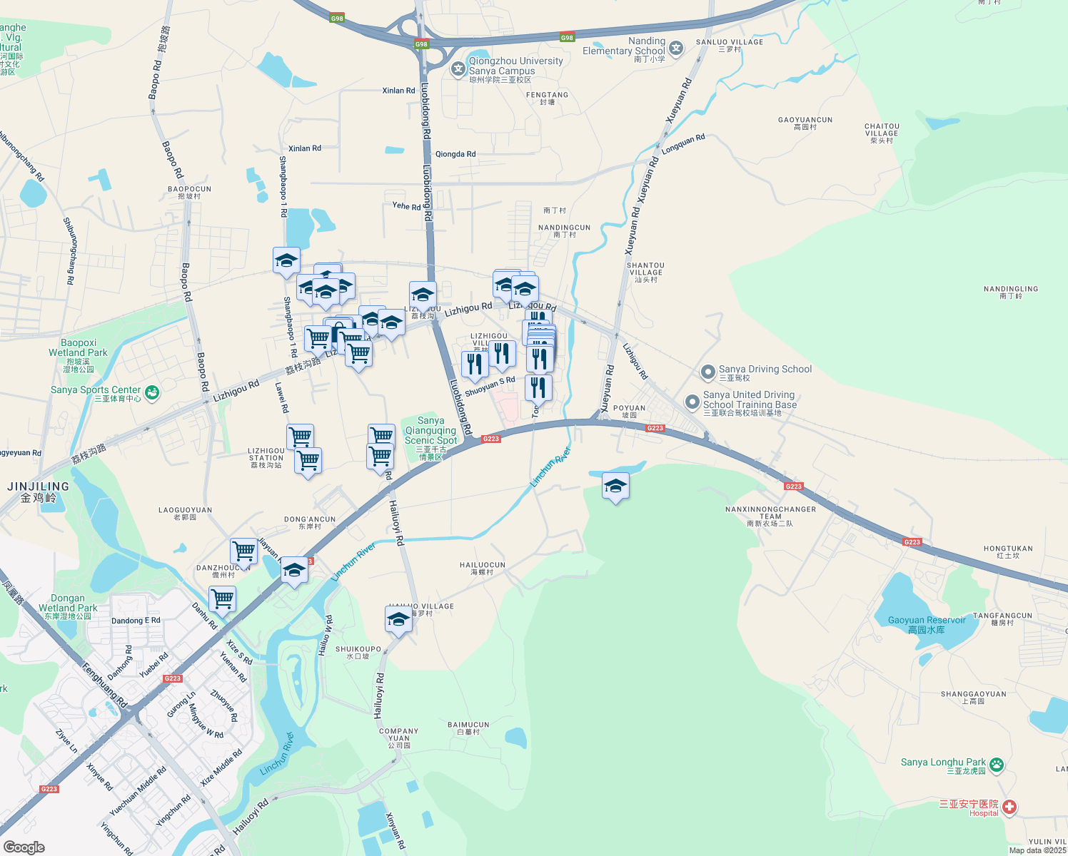 map of restaurants, bars, coffee shops, grocery stores, and more near Ying Bin Lu in San Ya Shi