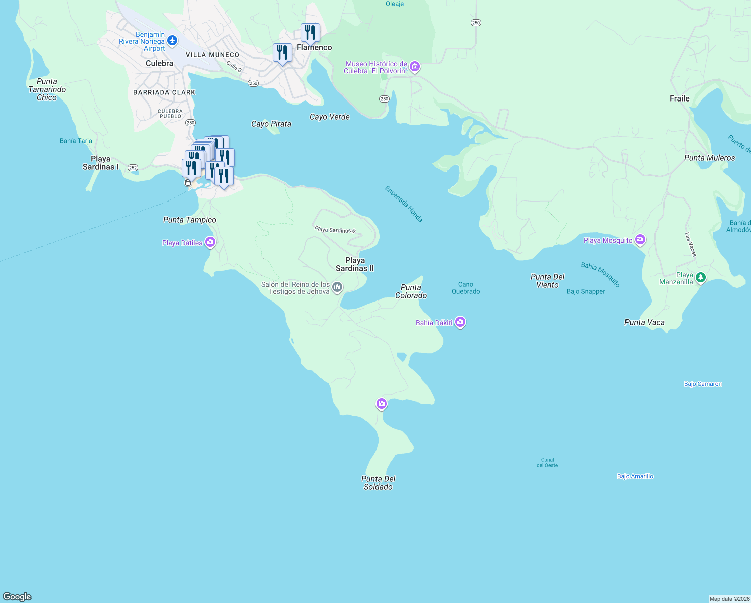 map of restaurants, bars, coffee shops, grocery stores, and more near in Playa Sardinas II