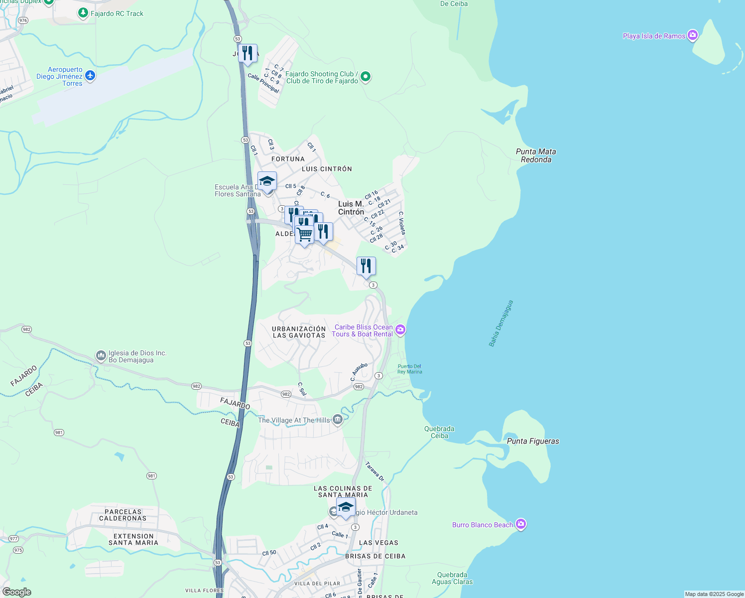 map of restaurants, bars, coffee shops, grocery stores, and more near c45 Calle Las Flores in Fajardo