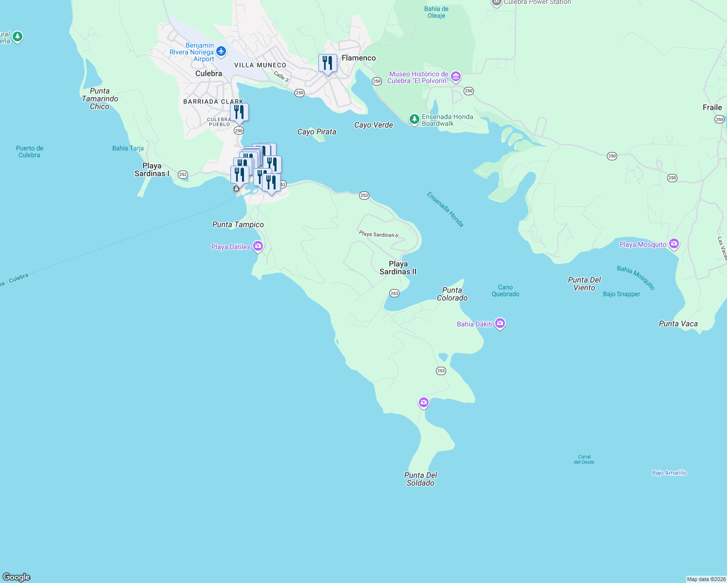 map of restaurants, bars, coffee shops, grocery stores, and more near in Playa Sardinas II
