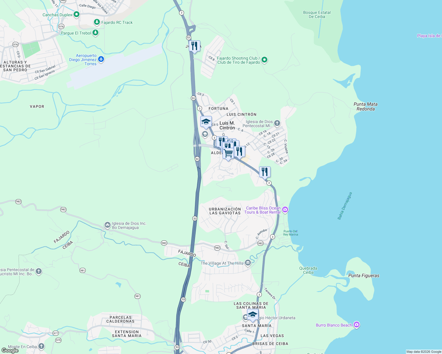 map of restaurants, bars, coffee shops, grocery stores, and more near in Fajardo