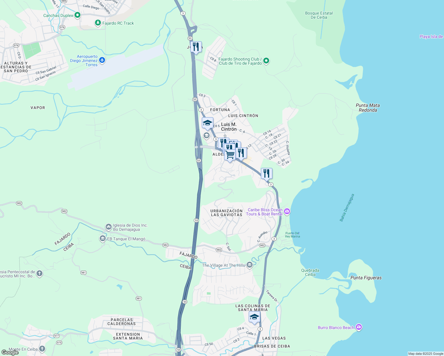 map of restaurants, bars, coffee shops, grocery stores, and more near in Fajardo