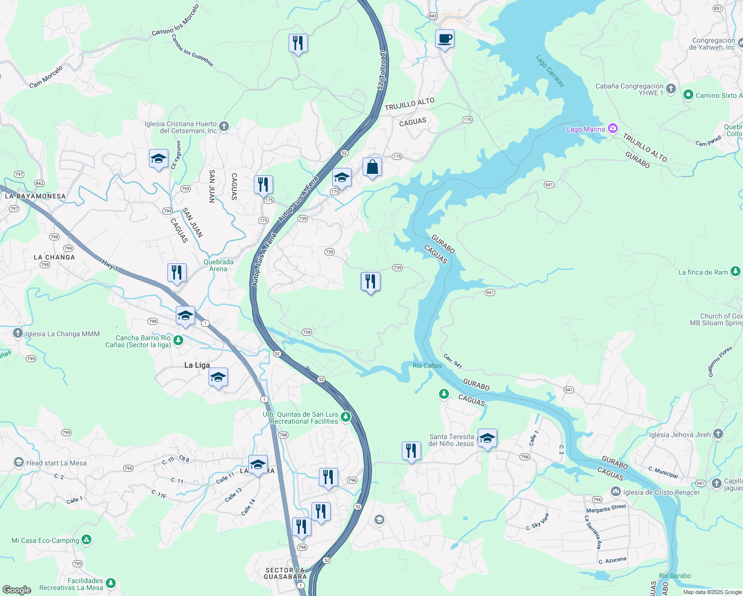 map of restaurants, bars, coffee shops, grocery stores, and more near in Caguas