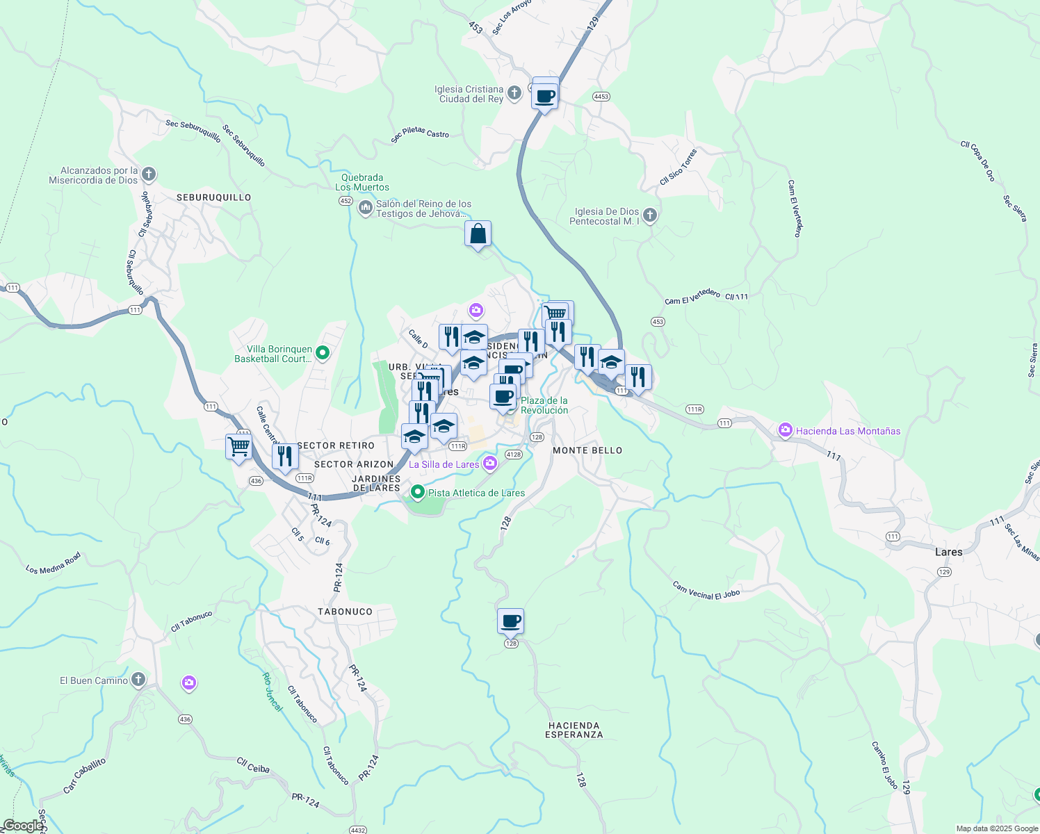 map of restaurants, bars, coffee shops, grocery stores, and more near in Lares