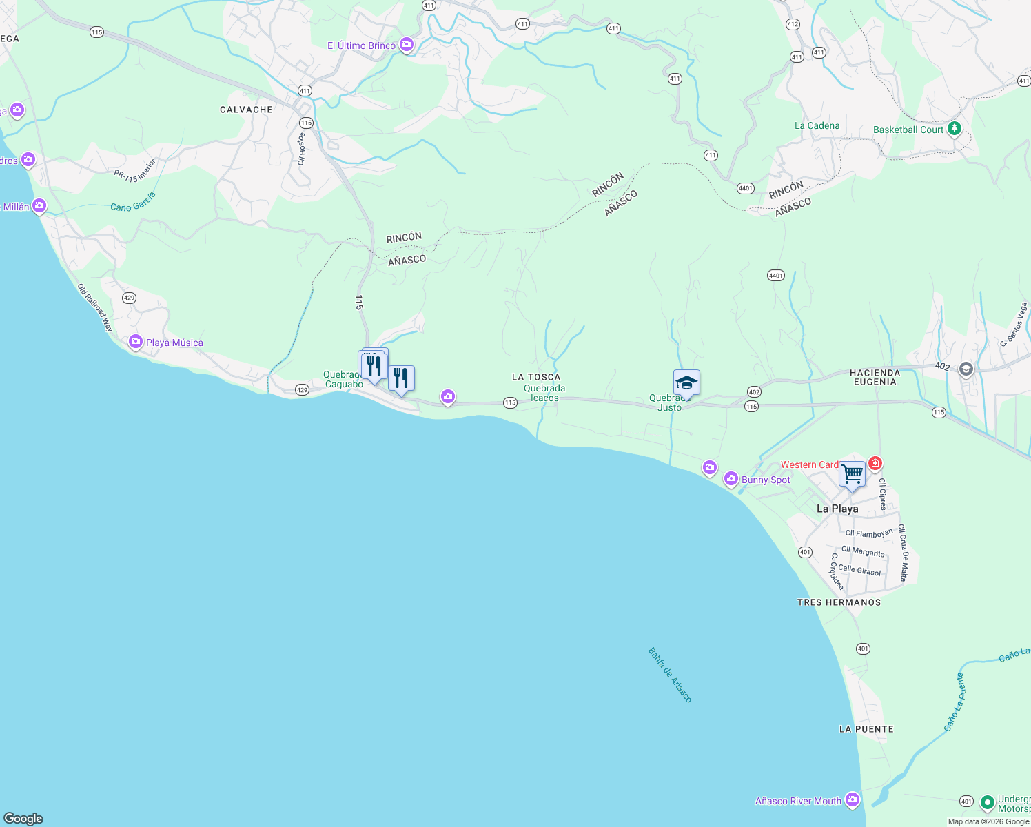 map of restaurants, bars, coffee shops, grocery stores, and more near KM 5.8 Puerto Rico 115 in Añasco
