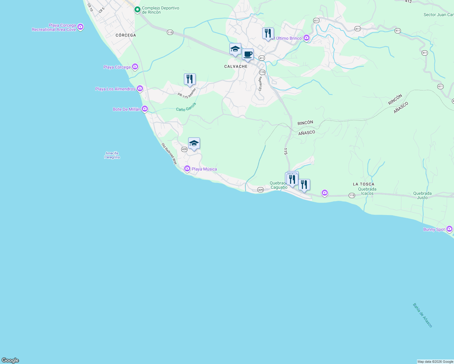 map of restaurants, bars, coffee shops, grocery stores, and more near 1132 Puerto Rico 429 in Rincón