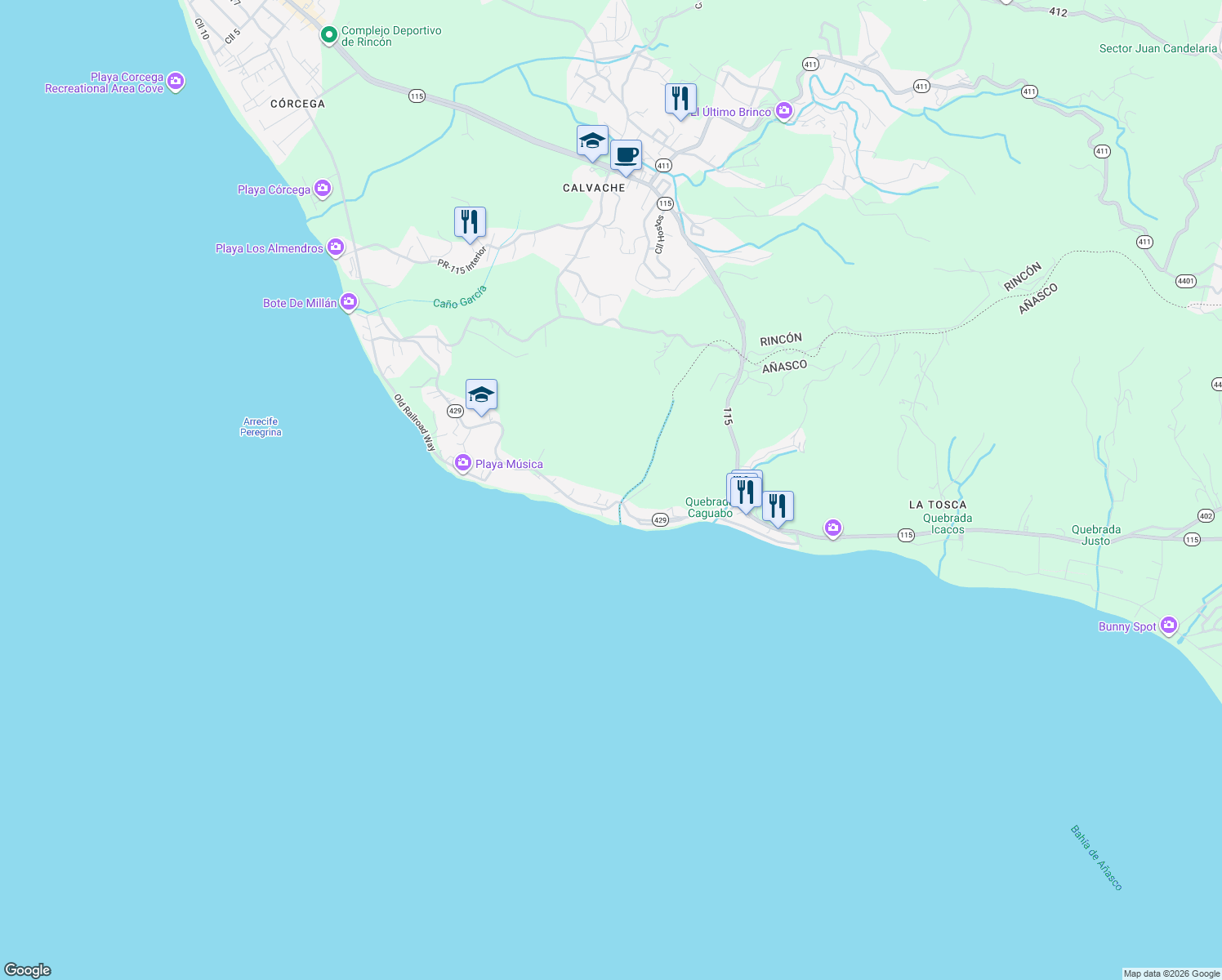 map of restaurants, bars, coffee shops, grocery stores, and more near in Rincon