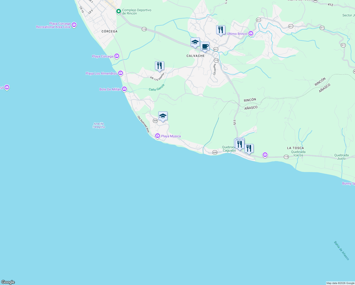 map of restaurants, bars, coffee shops, grocery stores, and more near 1132 Puerto Rico 429 in Rincon