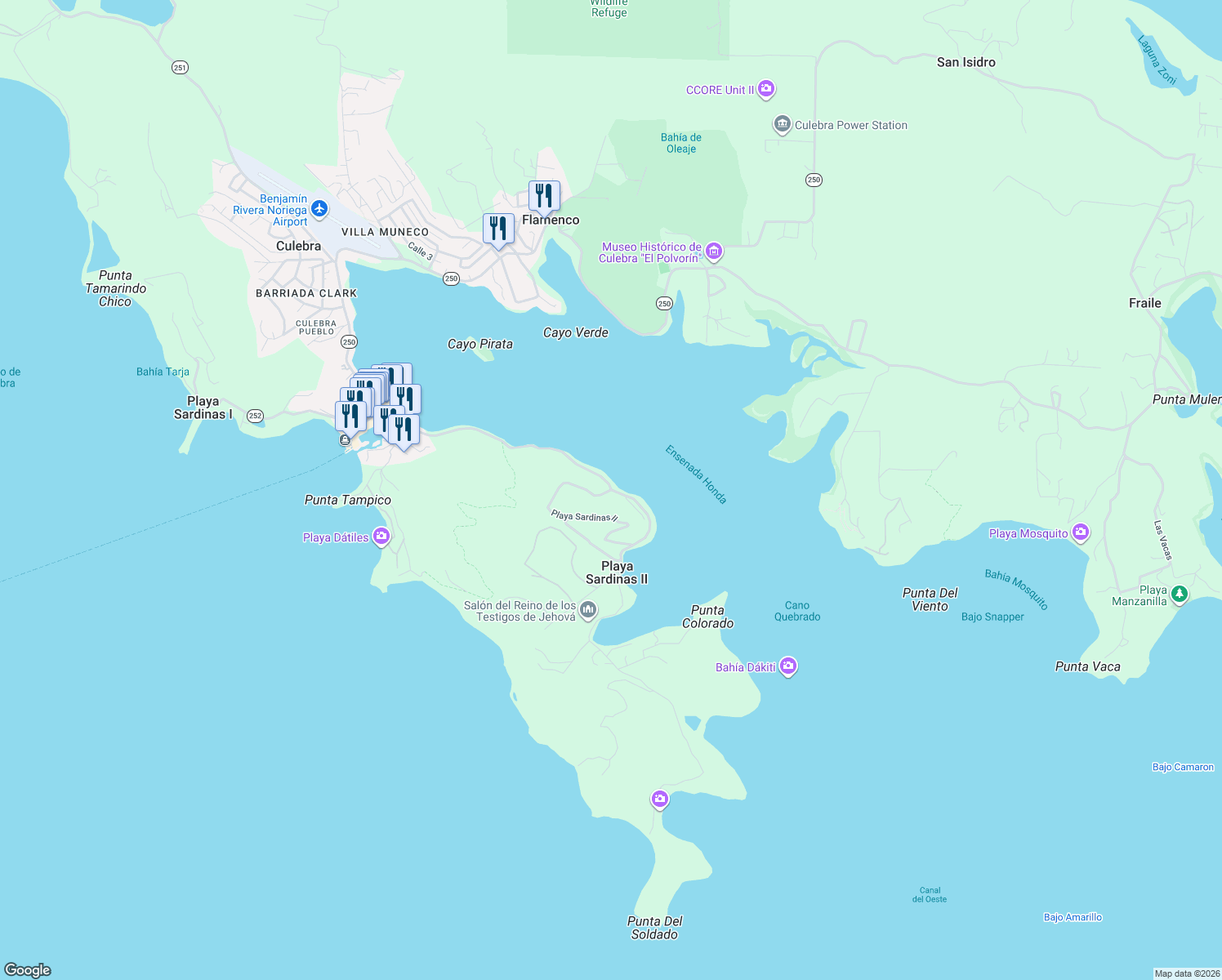 map of restaurants, bars, coffee shops, grocery stores, and more near in Playa Sardinas II