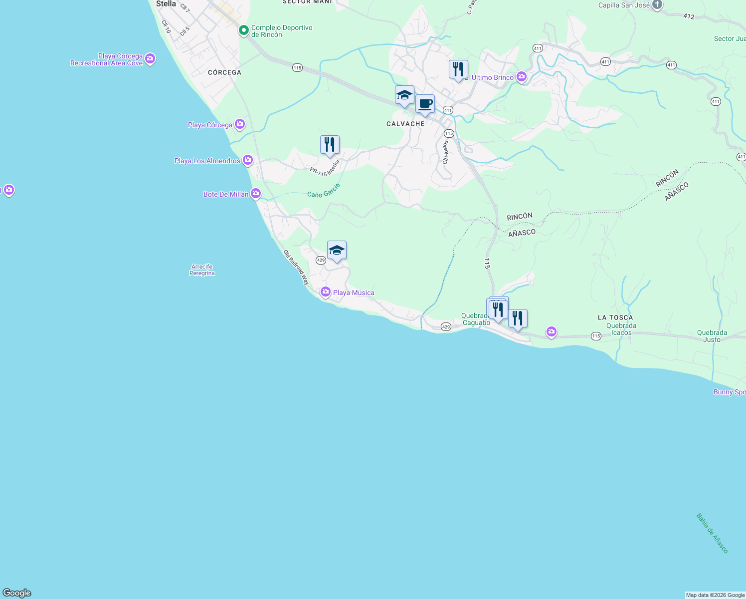 map of restaurants, bars, coffee shops, grocery stores, and more near 1132 Puerto Rico 429 in Rincon