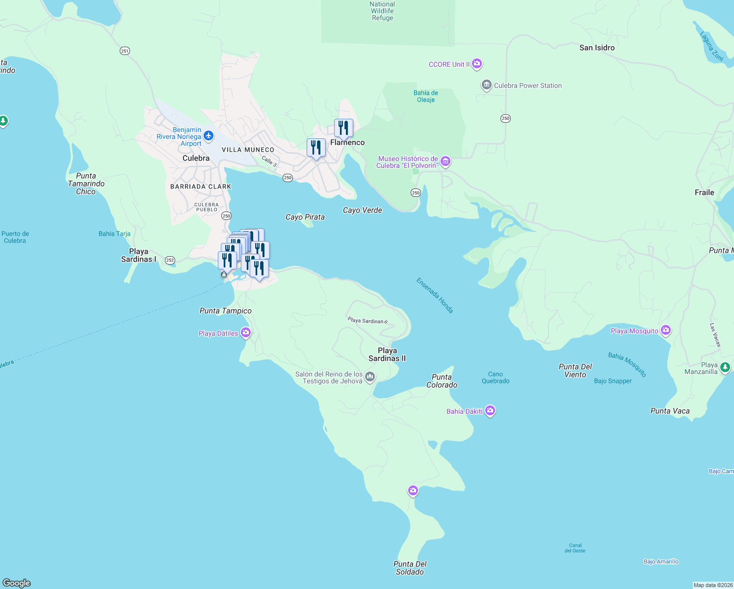 map of restaurants, bars, coffee shops, grocery stores, and more near in Playa Sardinas II