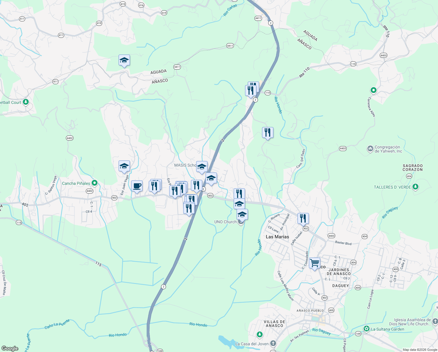 map of restaurants, bars, coffee shops, grocery stores, and more near Sec Coracol in Añasco