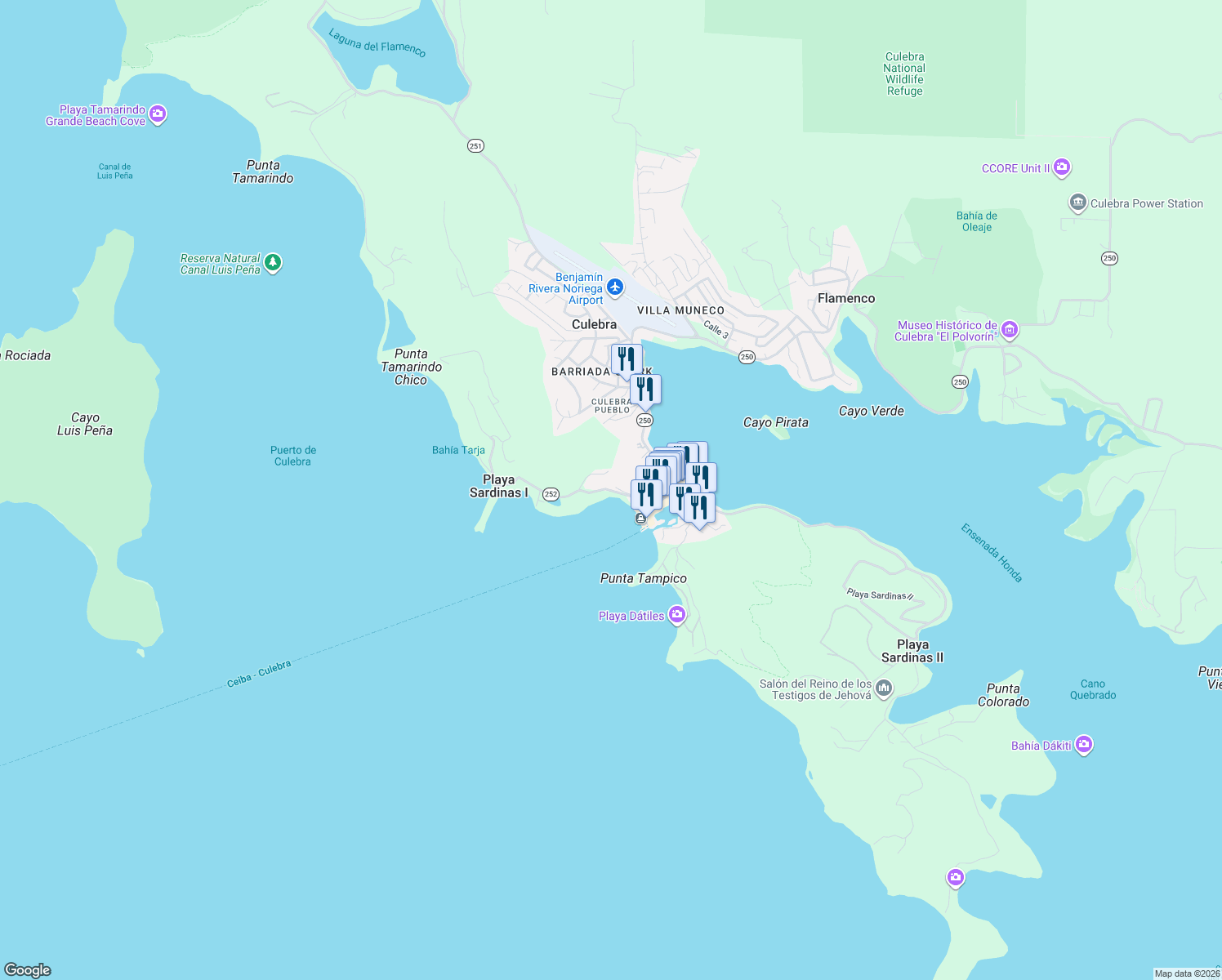 map of restaurants, bars, coffee shops, grocery stores, and more near Calle William Font in Culebra