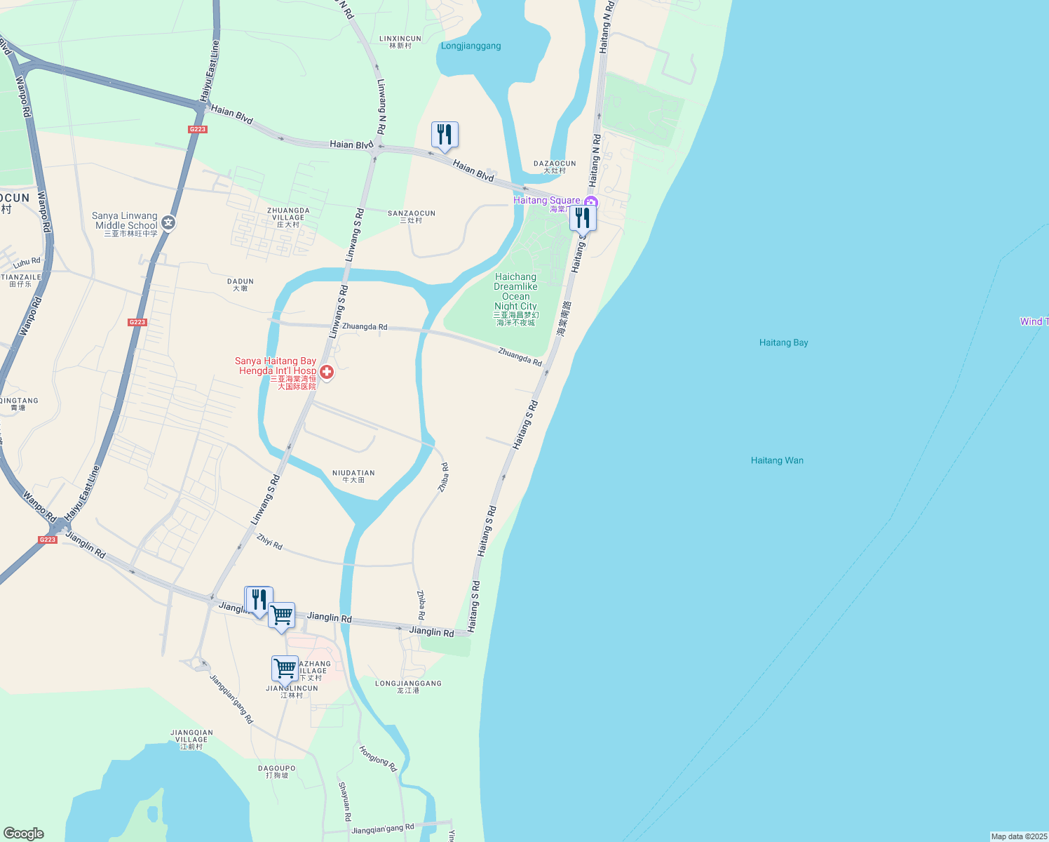 map of restaurants, bars, coffee shops, grocery stores, and more near Hai Tang Nan Lu in San Ya Shi
