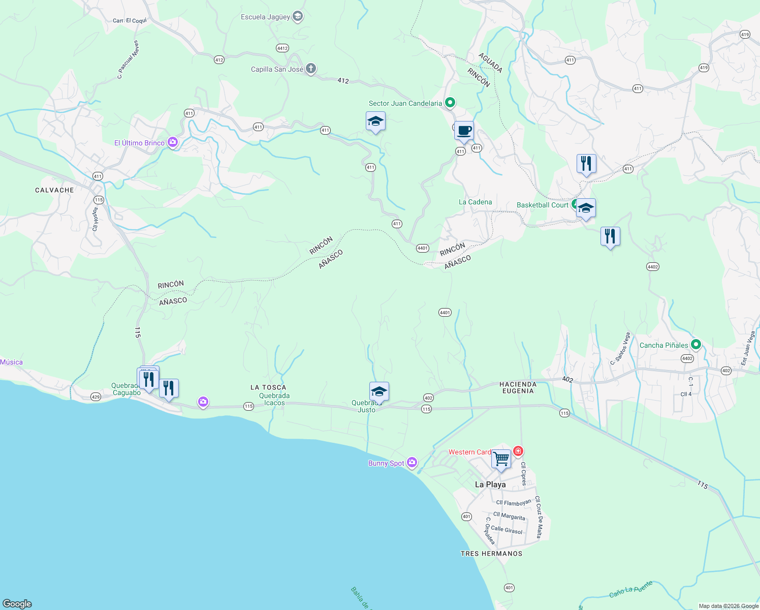 map of restaurants, bars, coffee shops, grocery stores, and more near in Añasco