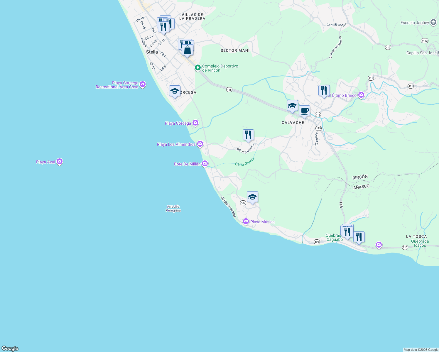 map of restaurants, bars, coffee shops, grocery stores, and more near in Rincon